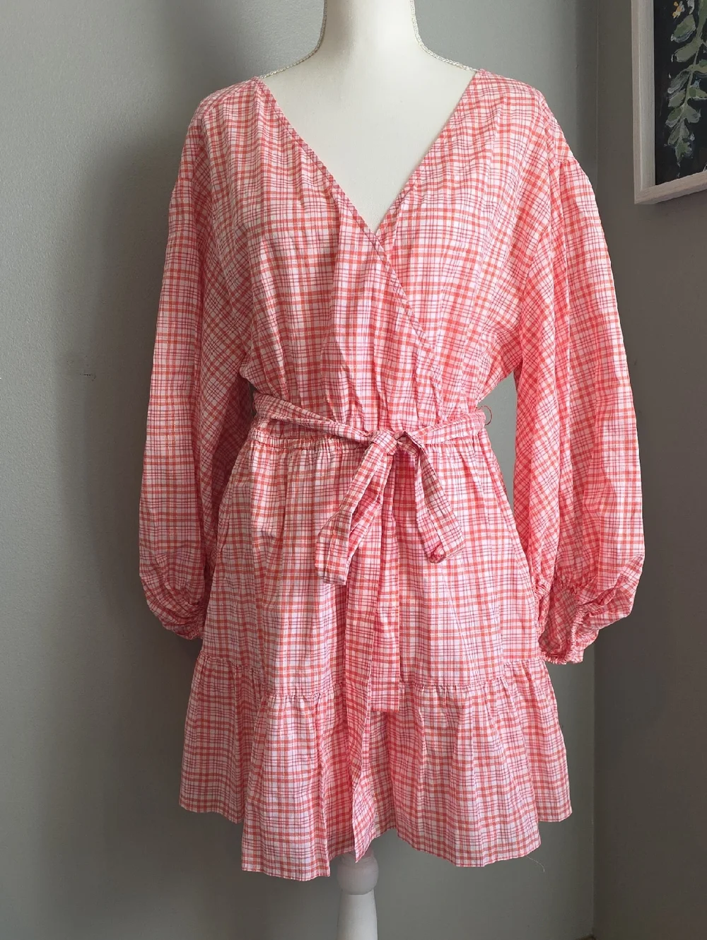Michael Kors Coral Pink Plaid V-Neck Tie-Waist Mini Dress Size Large NWOT